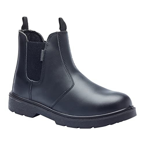 Blackrock Safety Dealer-Stiefel in Schwarz mit Stahlkappe und Schutz-Zwischensohle aus Stahl. Arbeitsstiefel mit Stahlkappe, ideal für Bau, Landwirtschaft und Uniformen.