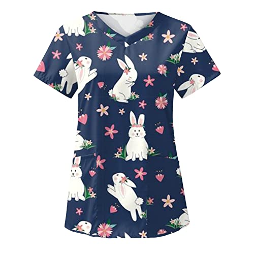 Ostern Kasack Damen Pflege Günstig Sommer Kaninchen Gedruckt Arbeitsuniform Pflege Kurzarm V-Ausschnitt Kasaks Altenpflege Damen Mit Taschen Kittel Pflege Damen Laborkittel