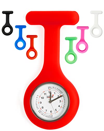 PULOX Schwesternuhr mit Pulsskala 6er Set 1x Quarzuhr, 6X Hygienische Silikonhüllen + 6 Anstecknadeln, Schwesternuhren, Krankenschwesteruhr, Pflegeruhr, Krankenpflegeruhr