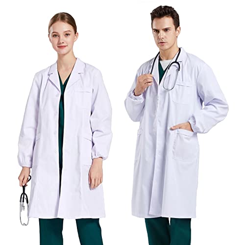 CoatCool Laborkittel Weiß, Baumwolle Arztkittel Herren Damen Chemie Kittel Schule Mantel Hygiene Langarm Medizin Arztmantel Weißer Kittel Baumwollkittel mit Tasche für Labor, Cosplay, Studentin, L