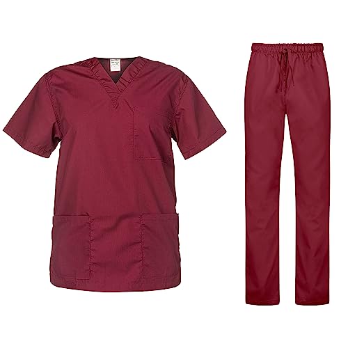 B-well Cesare Unisex-Schrubb-Set Schlupfkasack + Schlupfhose Set Medizin Arzt Uniform Schlupfjacke Oberteil mit Hose Medizinische Berufsbekleidung Bordeaux L