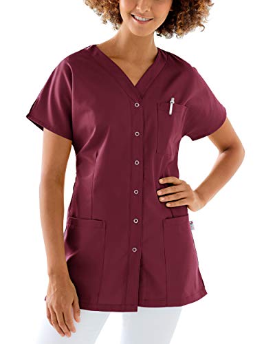 CLINIC DRESS Kasack Damen 1/2 Arm Druckknöpfe mit Brusttasche Seitentaschen Seitenschlitze 95° Wäsche Bordeaux L