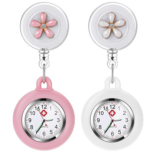Vintoney Krankenschwester Uhr, 2er Krankenschwesteruhr Schwesternuhr Taschenuhren für Damen Pflegeuhr Taschenuhr Ansteckuhr Zeiger mit Leuchtend im Dunkeln Dehnbare Silikon Hülle(weiß + pink)