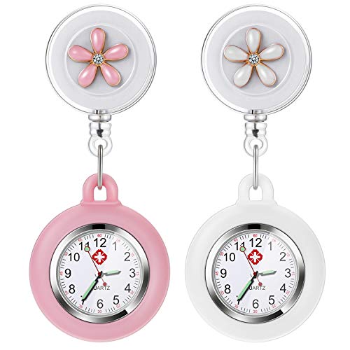 Vintoney Krankenschwester Uhr, 4er Krankenschwesteruhr Schwesternuhr Taschenuhren Zeiger mit Leuchtend für Damen Pflegeuhr Taschenuhr Ansteckuhr Dehnbare Silikon Hülle (Weiß+Pink)