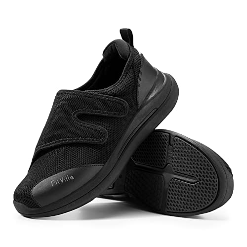 FitVille Diabetiker Schuhe Damen Extra Weite Einstellbar Walking Schuhe für Fußschwellung erweiterte Breiten Klettverschluss Gesundheitsschuhe Schwarz 38 EU Weit