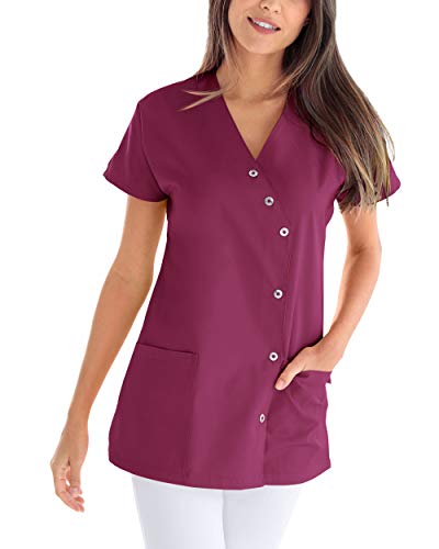 CLINIC DRESS Kasack für Damen V-Ausschnitt Druckknopfleiste für Krankenpflege und Altenpflege 50% Baumwolle 95 Grad Wäsche Berry 48