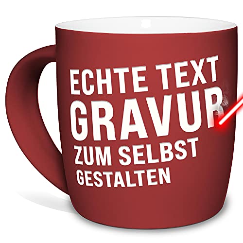 Tasse mit Gravur selbst gestalten - mit eigenem Spruch oder Wunschname gravieren - Keramiktasse außen gummiert - Rot, 300 ml