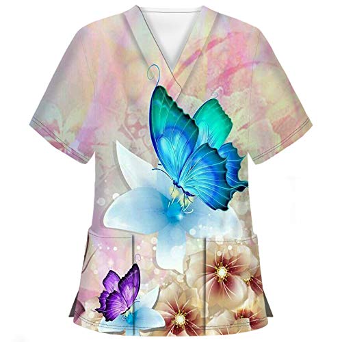 STPT Kasacks Damen Pflege Bunte Motive Schmetterling Druck Tops Arbeitsuniform mit Taschen Sommertops V Ausschnitt und kurzen Ärmeln Tunika Slip Shirt Uniformen GroßE GrößEn, Multicolor-a