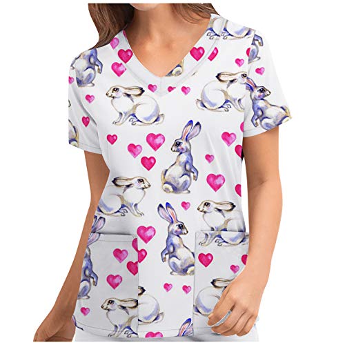 Damen Kasack Damen Plue Size Animal Print Lässiges Kurzarm-Carer-Top mit V-Ausschnitt OP Kleidung (White, XXL)