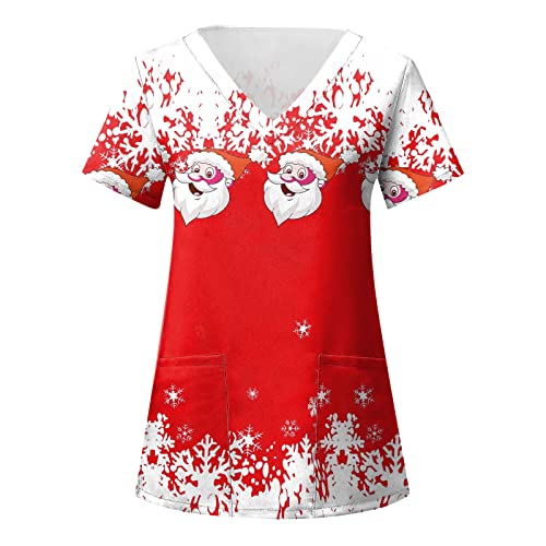 Kasacks Damen Pflege Weihnachten Gedruckt Einfarbig Berufsbekleidung Damen Pflege Clinic Dress Kassaks Damen Kurzarm V-Neck Krankenschwester Kasack mit Taschen Kasack Damen Laborkittel