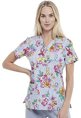 Cherokee Prints CK616 Damen-Oberteil, V-Ausschnitt, bedruckt, Freundliche Blumen, Klein