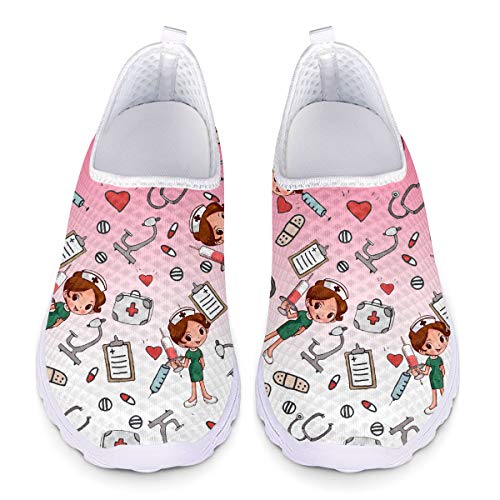 UOIMAG Cute Nurse Pattern Rosa Krankenschwester Schuhe Casual Slip On Schuhe Atmungsaktive Mesh Schuhe Flat Sport Sneaker 38EU