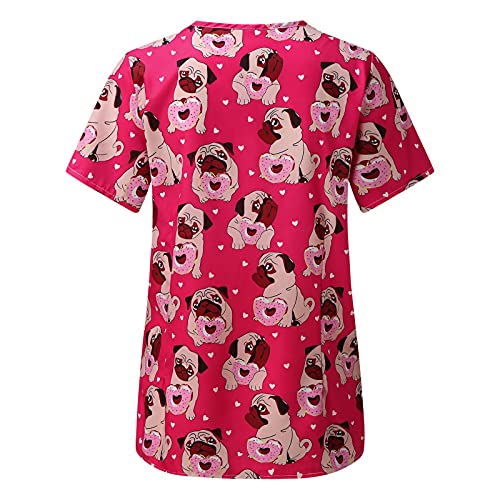 Damen Krankenpfleger Berufsbekleidung Schlupfhemd Kasack Animal Women Sleeve Top Print V-Ausschnitt Carer Lässige T-Shirt Schlupfkasack Kurzarm V-Ausschnitt Schlupfhemd Berufskleidung (Hot Pink, XXXL)