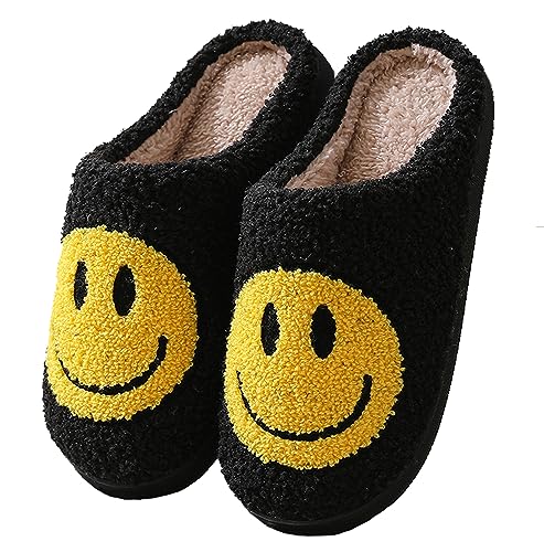 Meik Mangni Hausschuhe mit Fröhliches Gesicht Damen Herren Weicher Plüsch Hausschuhe Frauen Bequeme Warme Pantoffeln Trendiger Slipper,Schwarz Gr.44-45 EU/Sohlengröße 46-47