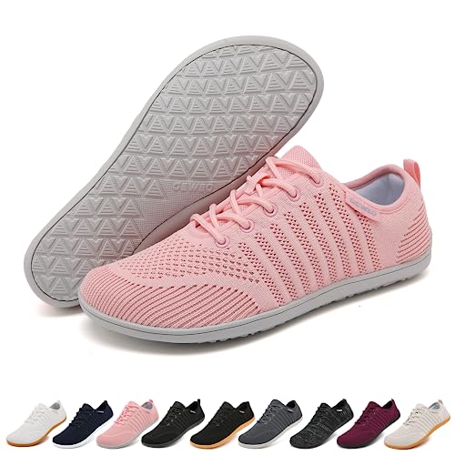 Geweo Barfußschuhe Bequeme Minimalistische Schuhe Breite Füße Zehenschuhe Zero Drop Barfuss Schuhe Sneaker Leichte Traillaufschuhe Sommer Atmungsaktiv Walking Fitness Schuhe Unisex Pink 39EU