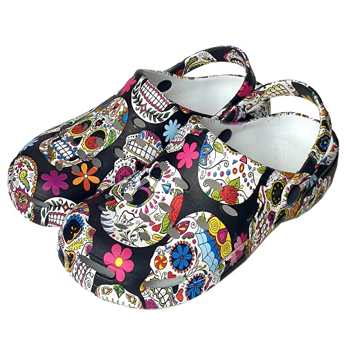 Clogs Damen Schuh verstopfen Health Working Bequeme EVA Gummi Krankenschwester Labor & Hospitality Design Zeichnungen wassertransferdruck Hidroimpresión mit mexikanischen schwarzen Schädel. Größe 40
