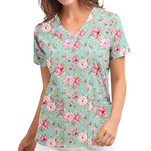 Kleidung Krankenhaus Schlupfhemd Bluse Kurzarm V-Neck T-Shirt Mischgewebe Kasack Damen Pflege mit Katze Motiv Bunt Arzt Uniform Berufsbekleidung Krankenschwester D-Light Blue,XXL