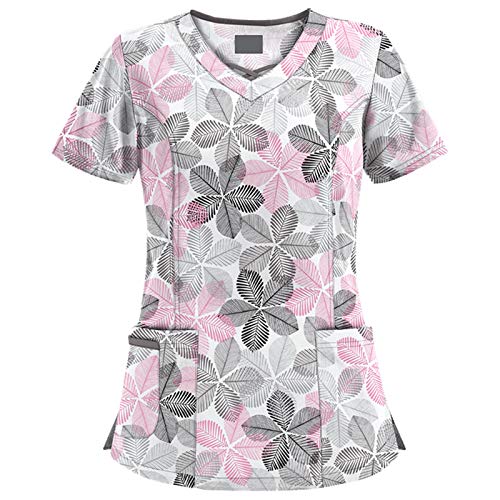 UNHU Damen Pflege Berufskleidung Uniformen Blume Druck V-Ausschnitt Kurzarm Schlupfkasack Übergröße Schlupfhemd Kasack Krankenpfleger Uniformen mit Taschen