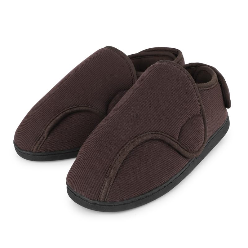 TIESTRA Hausschuhe Damen Herren Schuhe Extra Weit mit Klettverschluss Breit Senioren Schuhe Memory Foam Sohle für Geschwollene Füße, Kaffee UK9/EU43