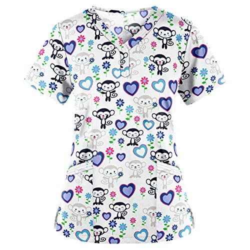 UNHU Arbeitskleidung Pflege Damen Bunt Kasack Schlupfkasack Kurzarm V-Ausschnitt Katze Druck T-Shirts Berufskleidung Krankenpfleger Uniformen mit Taschen