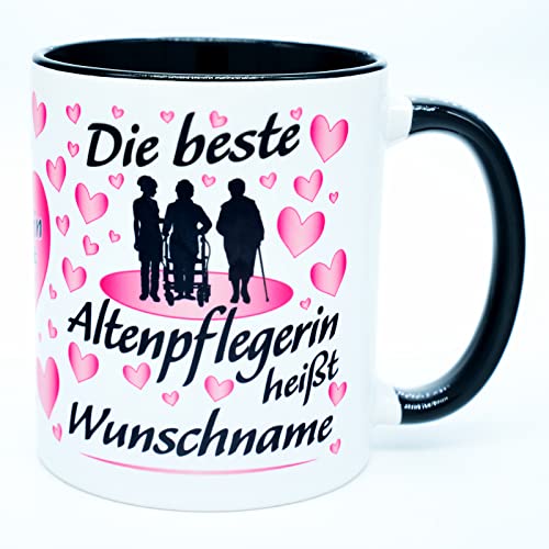 Die beste Altenpflegerin heißt Name Tasse Becher personalisiert individuelles Geschenke Lustig für Frauen Zubehör Teetasse Kaffeetasse Pflegekraft Kollegin Geburtstag Alltagsheldin Ausbildung Prüfung