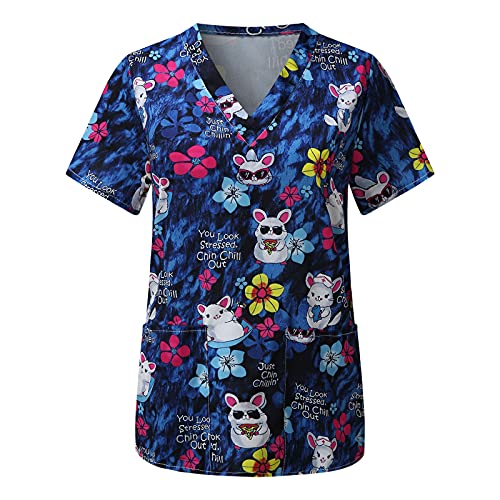 thuthu Kasack Damen Pflege Mit Karikatur Motiv Bunt T-Shirt Schlupfkasack Taschen Kurzarm V-Ausschnitt Schlupfhemd Berufskleidung Krankenpfleger Uniformen Nurse Kasacks, 3XL