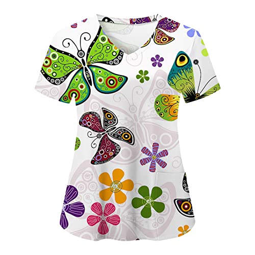 Kasack Damen Pflege Kurzarm - Schmetterling und Blumen Drucken Pflege - Oberteile Arbeitskleidung mit Zwei Taschen V-Ausschnitt Einfarbig Pullover Hemdbluse Bequeme Kasack Berufsbekleidung