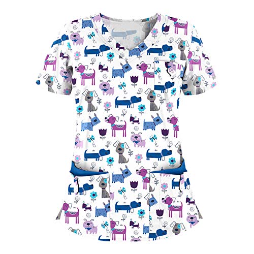 Sonojie Kasack Damen T-Shirts Bunt Pflege große größen mit Bunte Süßes Tier Motiv T-Shirt Schlupfkasack mit Taschen Kurzarm V-Ausschnitt Schlupfhemd Berufskleidung Krankenpfleger Uniformen Nurse